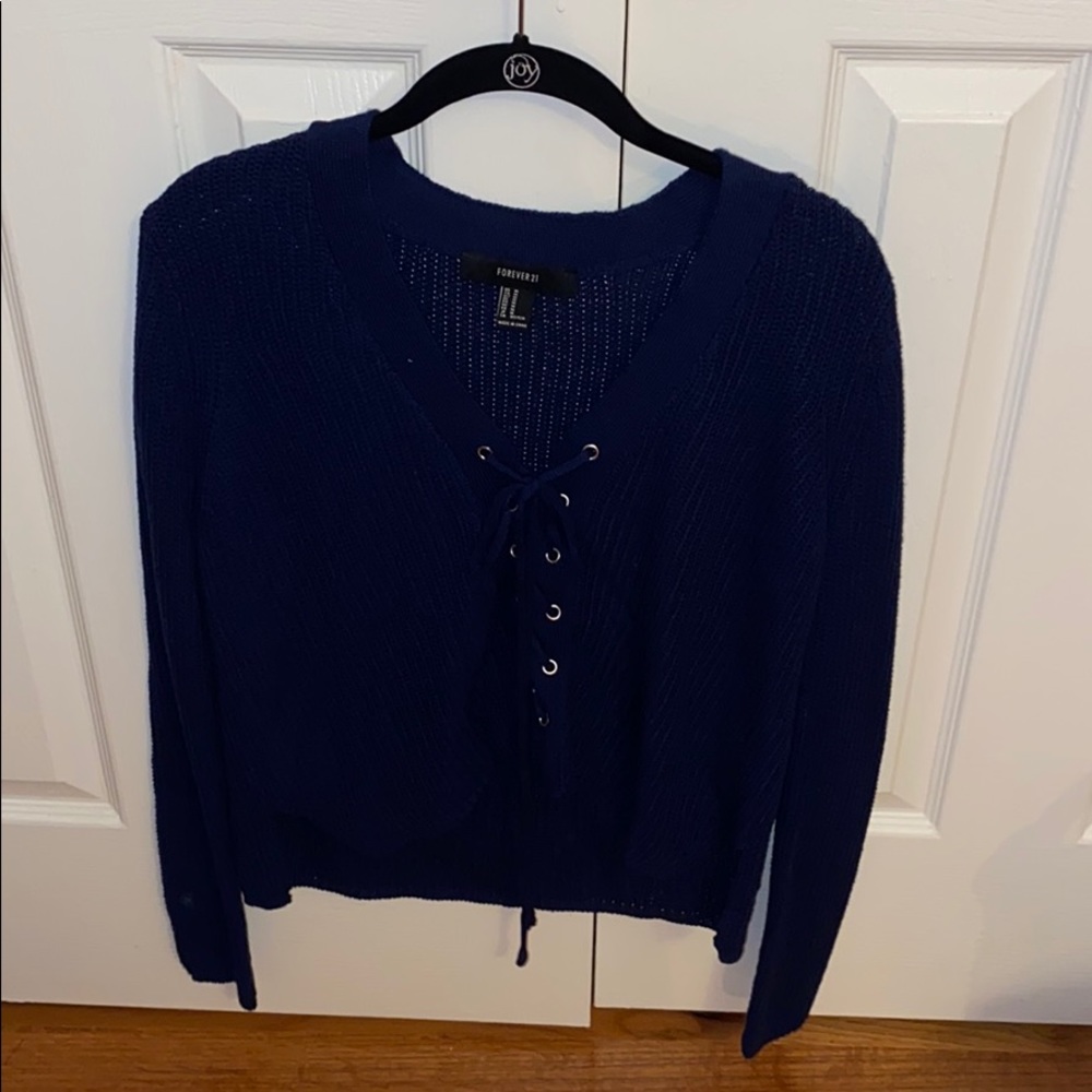 Blue tie up sweater